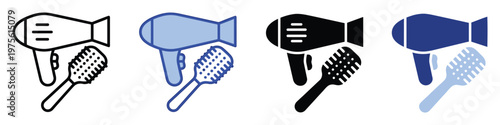 Hairdryer and hairbrush vector icons representing essential hair styling tools and grooming accessories perfect for salon business, personal care, and hygiene services applications.