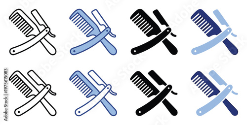 Barbershop grooming tools icon collection with crossed straight razors and combs perfect for professional hair salon branding and app interfaces