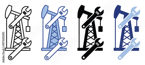 Oil pump jack and wrench icon representing petroleum extraction, energy industry maintenance, and repair services for industrial infographics and business presentations