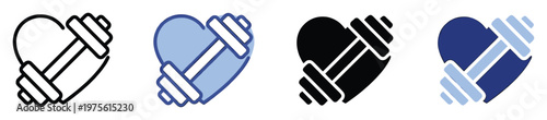 Heart and dumbbell icon set symbolizing fitness, health, and a love for physical activity, ideal for gym logos, wellness apps, and athletic branding designs.