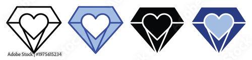 Elegant diamond heart icon set symbolizing enduring love and precious commitment, suitable for romantic branding, jewelry store logos, dating application graphics, or heartfelt digital