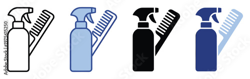 Versatile hair care tools icon set featuring a modern spray bottle and a classic comb, ideal for representing hairdressing services, salon businesses, or personal grooming applications.