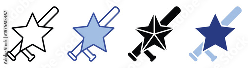 Collection of star and baseball bat icons representing sports achievement and victory, ideal for app interfaces, game graphics, and team branding assets.