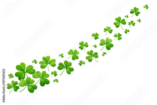 Green shamrock clover leaves flying in wind, Saint Patrick's Day decorative border, Irish lucky three leaf clover trail for spring greeting cards isolated PNG with Transparent Background