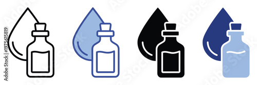 Versatile icon representing a liquid drop and a small bottle with a cork stopper, ideal for various applications including medical, pharmaceutical, cosmetic, natural remedy packaging, and