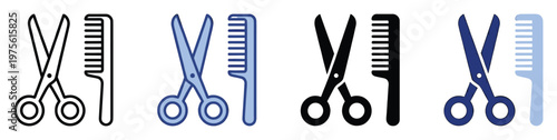 A collection of hair salon tools including scissors and combs in various icon styles, perfect for barbershop branding, hairstylist business logos, and professional beauty service