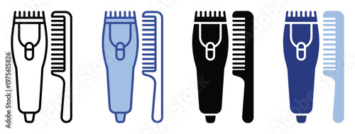 Hair clipper and comb line and solid icons representing essential barber tools and personal grooming instruments for haircare product branding and salon service promotions