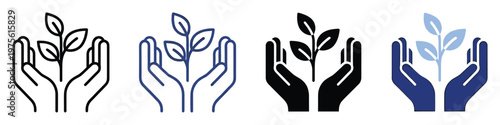 A collection of icons depicting hands gently cradling a growing plant sprout, representing concepts of environmental protection, nature conservation, and sustainable development for various