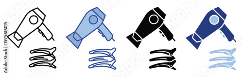 Hair dryer and hair clips icons set in diverse graphic styles, ideal for depicting hair care, salon services, and personal grooming applications