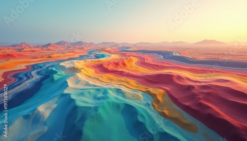 Vibrant Abstract Landscape with Pixelated Mountains and Colorful Strata Under a Warm Sunset Sky