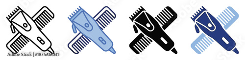 Professional hair clipper and comb crossed icon set ideal for barbershop services, hair styling applications, grooming product branding, and mens beauty industry digital graphics.