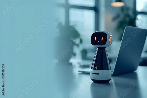 Robot on office desk with laptop and plant