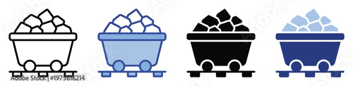 Versatile mine cart icon set loaded with coal or ore on rails, perfect for conveying industrial processes, resource extraction, or material transport in digital applications and educational