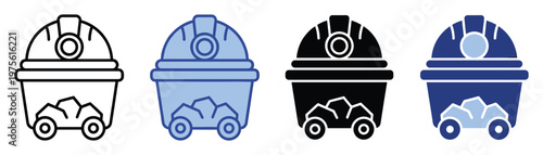 Mining cart and miner helmet icon styles showing loaded rocks, representing mineral extraction and industrial work, valuable for business graphics, geological studies, and digital interface