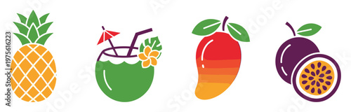 Delicious tropical fruits and refreshing summer beverages including pineapple, coconut cocktail, mango and passion fruit, perfect for food menus, healthy drink promotions, and vacation