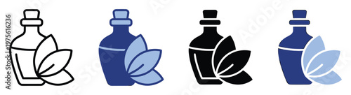 Essential oil bottle with two stylized herbal leaves representing natural organic wellness and aromatherapy concepts perfect for health skincare and beauty product packaging icons