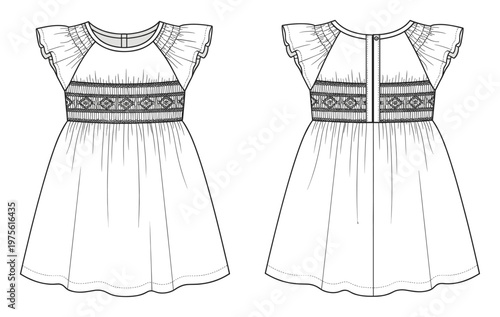 Technical flat sketch of a childs smocked dress featuring ruffled sleeves and a gathered skirt, ideal for apparel design and production guides.