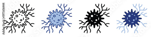 Stylized neuron cell icon set in various visual representations like line art and solid fill, excellent for medical education, biology presentations, and scientific research publications.