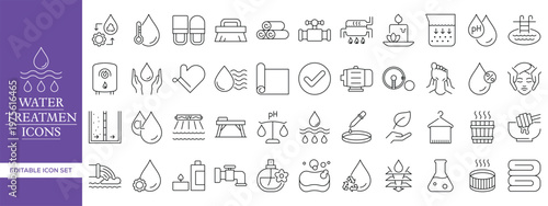 Water Treatment and Hygiene Line Icons Set, Editable Stroke Water Purification, Filtration, Spa, Wellness and Clean Water Vector Collection