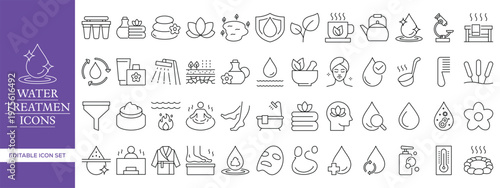 Water Treatment and Hygiene Line Icons Set, Editable Stroke Water Purification, Filtration, Spa, Wellness and Clean Water Vector Collection