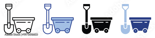Versatile collection of mining and digging equipment icons, including a shovel and a wheeled cart, perfect for industrial, construction, or gardenrelated graphic applications