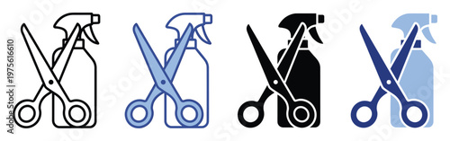 Hairdressing scissors and spray bottle icons representing professional barber services, hair styling, and grooming equipment suitable for various graphic design applications and web