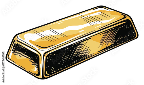 Illustrative drawing of a shiny gold bar symbolizing wealth and luxury, perfect for financial graphics, investment presentations, and economic themed projects.