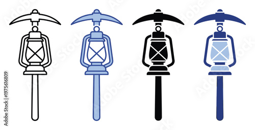 Mining pickaxe and old lantern icon set, representing hard work, excavation, exploration, and resource industries, perfect for industrial logos, safety signage, or educational materials.