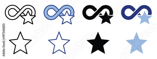 Dynamic set of infinity and star shape vector icons featuring distinct outline and solid fill styles in classic black and contemporary blue, suitable for enhancing websites, apps, and