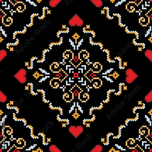 Geometric patterns on a seamless black background, designed for wallpaper, fabric, clothing, and gifts.