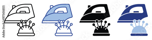 Essential laundry and sewing icons displaying an iron and a pincushion with pins, perfect for homemaking guides, craft projects, garment care services, and textile workshop presentations.