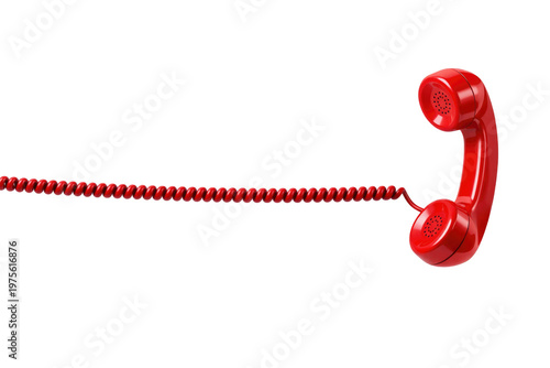 Vintage red telephone handset with coiled cord, classic analog phone receiver for communication, retro plastic telephone equipment for customer support isolated PNG with Transparent Background