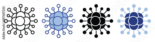 Set of vector icons depicting a virus cell, molecule structure, or network data connection, useful for science, medical, and technologyrelated projects