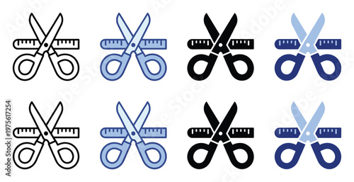 Professional set of scissors cutting a ruler icons in varied outline and solid styles perfectly depicting measurement and crafting tools for diverse graphic projects and applications.