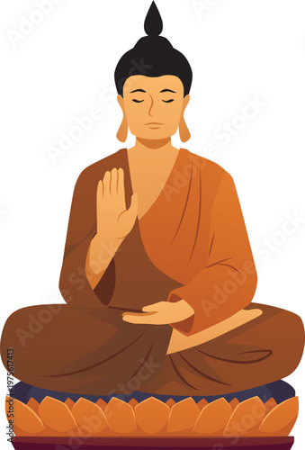 A meditating Buddha statue with closed eyes, raised hand, seated on a lotus.