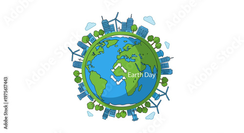 Green Earth illustration symbolizing global environmental protection, featuring sustainable cities, wind energy, and natural elements for a healthier planet and future