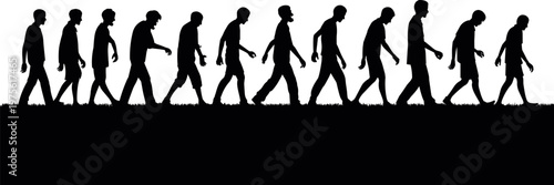 Human walking cycle silhouettes showing motion sequence, step by step movement, animation frames concept, gait progression and continuous walking action illustration