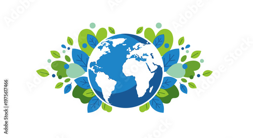 Global environmental protection concept with stylized green and blue leaves surrounding a vibrant blue planet Earth, symbolizing ecological balance and sustainability