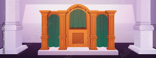 Confessional booth, vector flat church interior confession wooden furniture with green curtains,vintage chapel interior