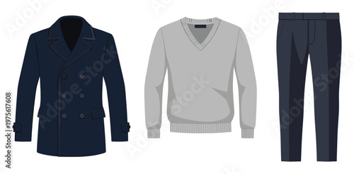 Mens classic and versatile apparel set featuring a navy blue doublebreasted coat, a light grey vneck sweater, and dark smart trousers, perfect for menswear style guides and clothing