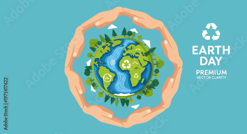 Illustrative graphic of caring hands embracing a lush world map, emphasizing ecological preservation, environmental consciousness, and a commitment to green sustainability