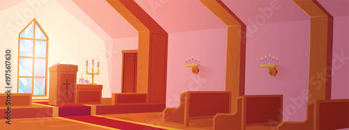 An empty church interior at night, with an altar, vintage window, candles, and rows of wooden pews.