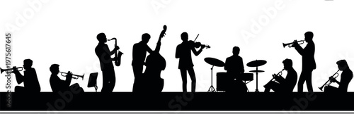 Jazz band silhouettes performing with saxophone, trumpet, violin, drums and double bass, live music concert scene, musicians playing instruments together