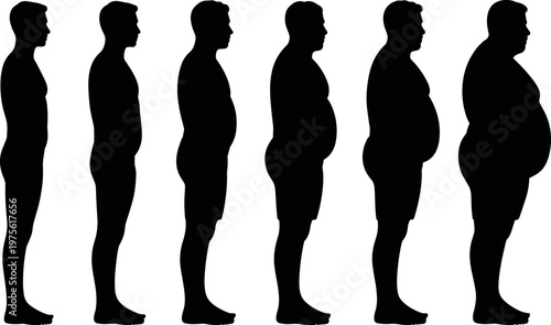 Male body weight progression silhouettes showing obesity stages, transformation concept, health and lifestyle changes, fitness, weight gain and physical condition evolution