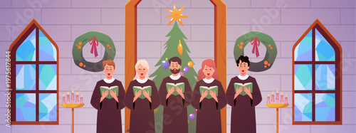 Christmas chamber choir in church, people choir singing near Christmas tree vector flat illustration, worship ceremony
