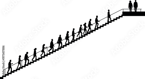 People climbing stairs silhouettes showing career growth and life progression, success journey concept, teamwork, achievement, advancement and goal reaching illustration