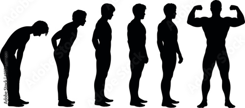 Male fitness transformation silhouettes from weak posture to muscular bodybuilder, strength training progress, health improvement, bodybuilding and physical fitness concept