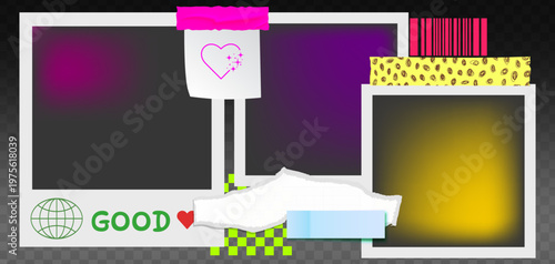 Y2K scrapbook frame with retro photo stickers, torn paper collage elements, and vintage film tape for creative album design and nostalgic memory projects