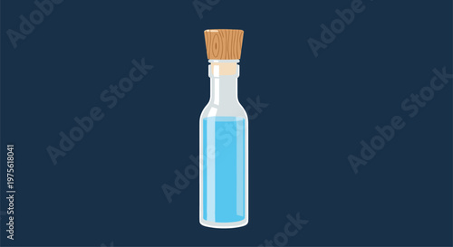Simple glass bottle filled with clear blue liquid and sealed with a wooden cork stopper on a dark background.