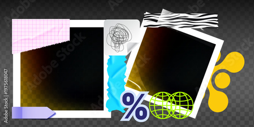 Y2K scrapbook photo frames with retro film strips, torn paper edges, and vintage stickers for nostalgic collage designs and creative memory albums.